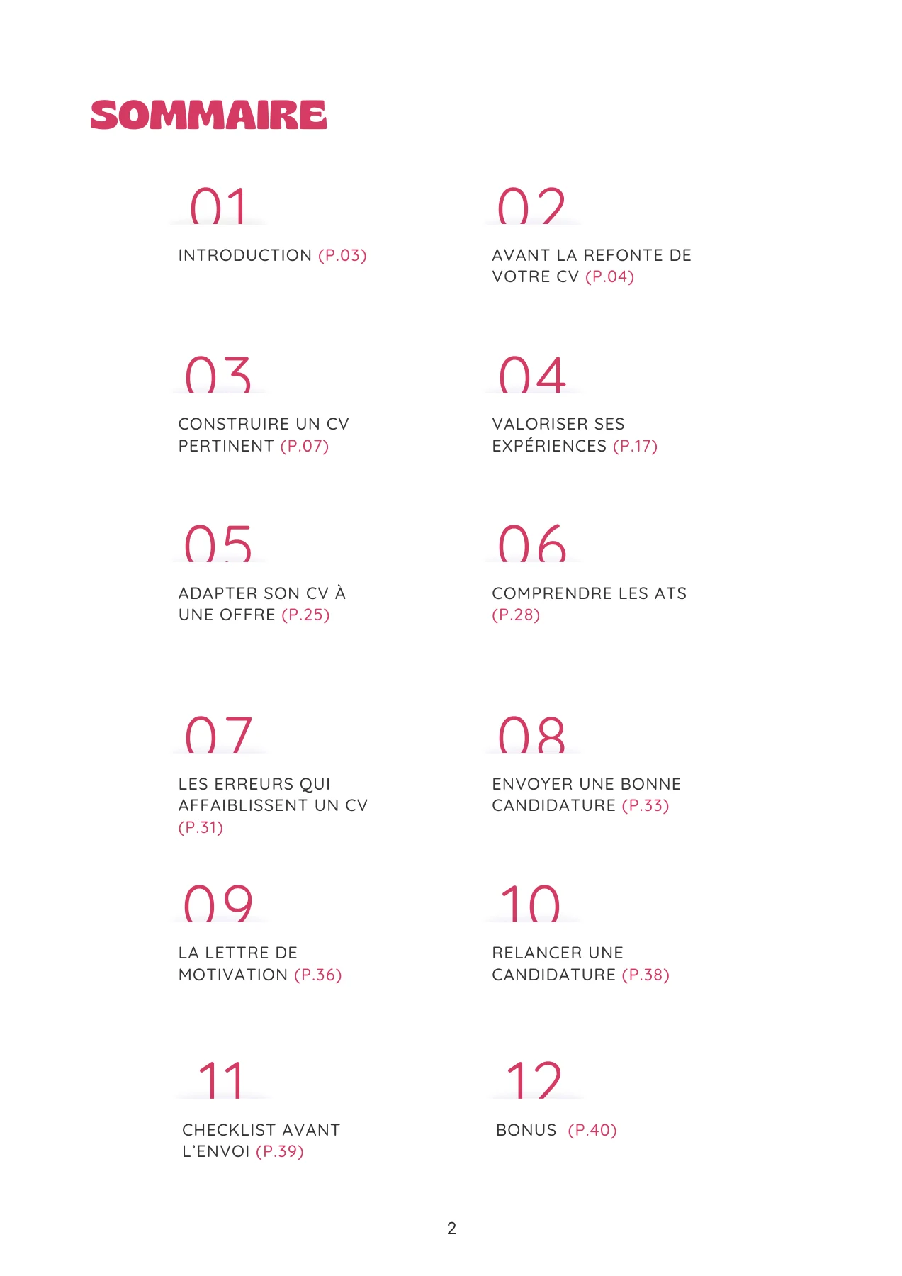 Extrait du guide CV — sommaire, page 2
