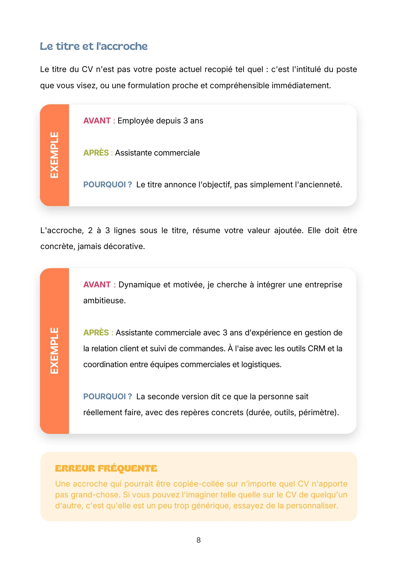 Extrait du guide CV — le titre et l’accroche, page 8