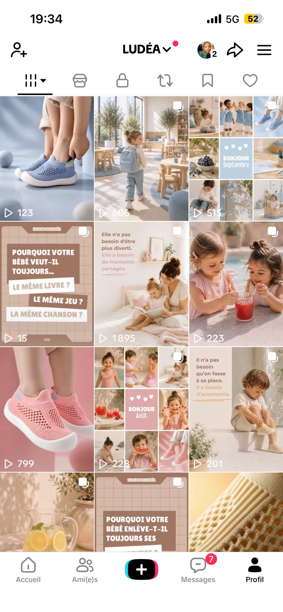 Grille de neuf publications du profil TikTok Ludéa